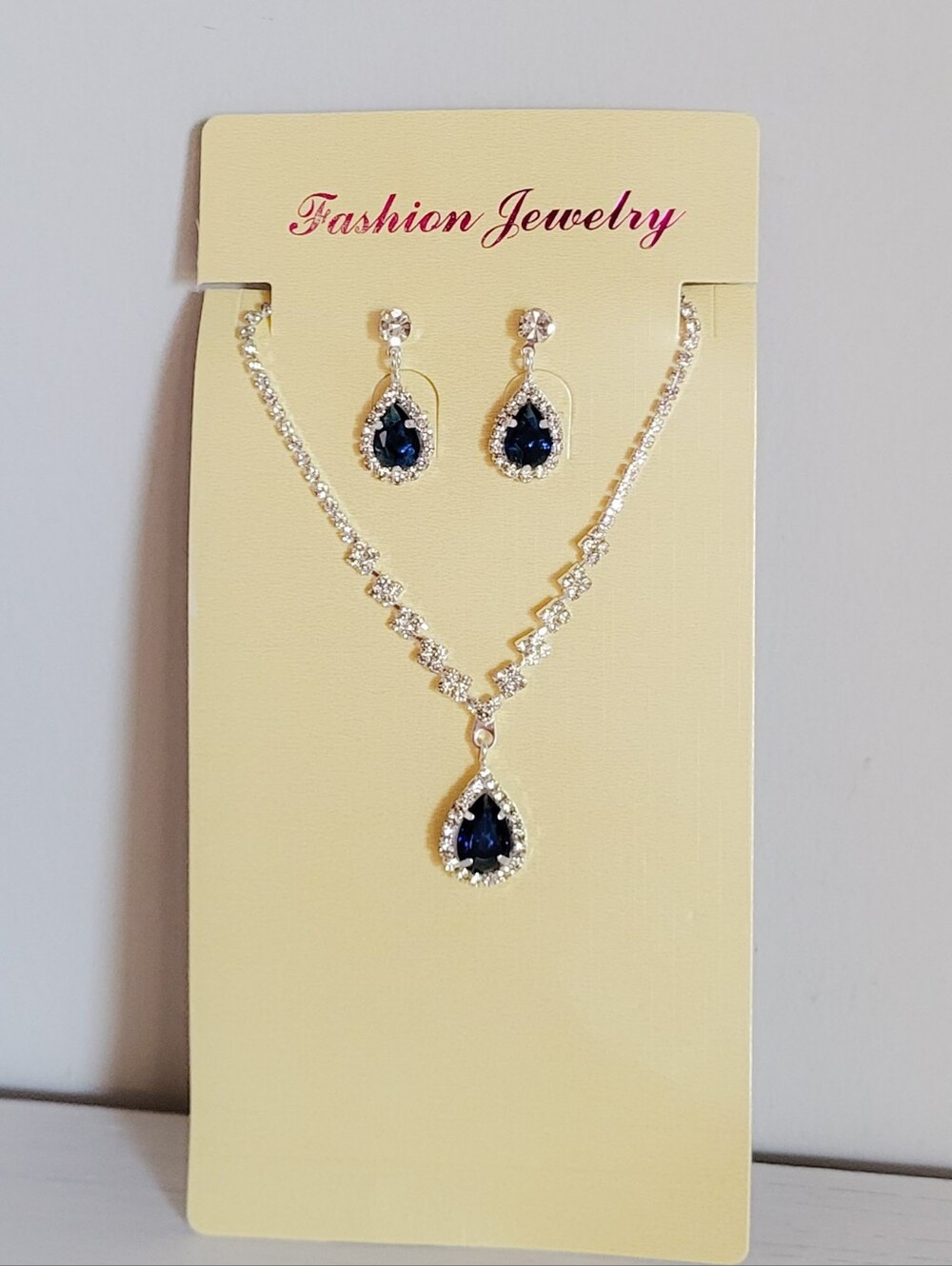 Bridal Set-Silver-Tone Necklace & Earrings with Dark Blue Teardrop Crystals
